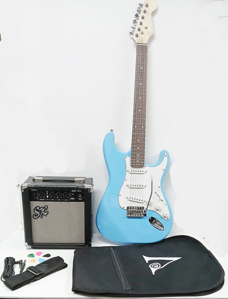 Valen Strat Style Electric Guitar PACK Light Blue Amp, Bag, Strap, Lead & Picks