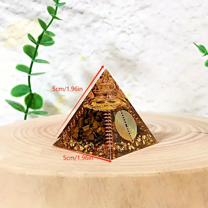 MMC Orgone Pyramid with Natural Tiger Eye Slices and Circular Patterns