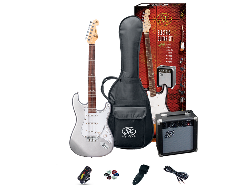 SX Standard SC Style Metallic Silver Electric Guitar & Amp Pack