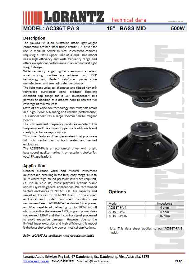 Lorantz 15" 500W 8 Ohm Speaker