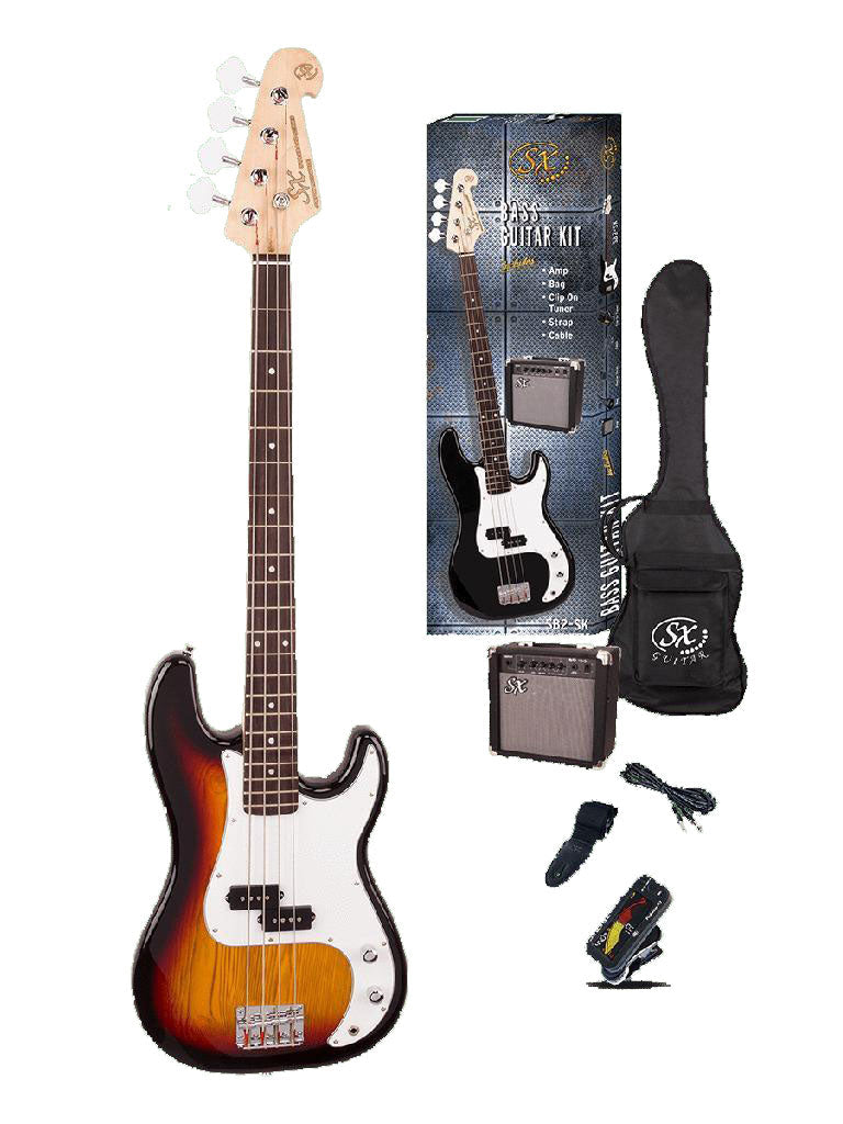 SX Precision Style Sunburst Electric Bass Guitar & Amp Pack