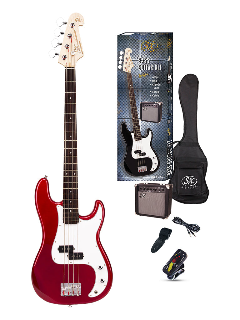 SX Precision Style Candy Apple Red Electric Bass & Amp Pack